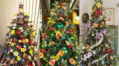 three christmas trees decorated with flowers and ornaments