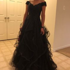 Size 2 Formal Gown. Sequin Top, Tulle With Layered Ruffle Skirt. Black Ruffled Party Gown, Black Ruffled Skirt Evening Dress, Black Prom Dress With Ruffled Skirt, Black Tulle Gown With Ruffles, Black Floor-length Dress With Ruffles, Goth Prom, Layered Ruffle Skirt, Sherri Hill Dresses, Formal Gown