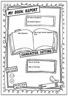 an open book with the title'my book report character setting'on it, in black and white