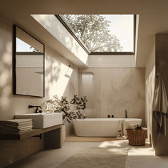 a large bathroom with a skylight above the bathtub and sink, along with a rug on the floor