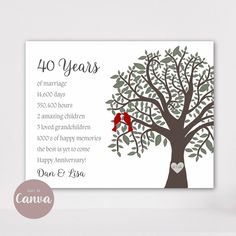 an anniversary card with the words 40 years on it and a red ribbon hanging from a tree