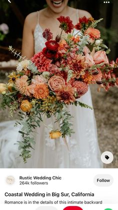 a bride holding a bouquet of flowers in her hands and laughing at the camera man