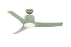 a green ceiling fan with two white lights on the top and one light on the bottom