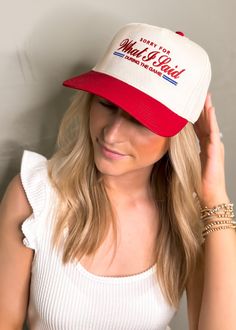 One of our best selling designs has made its way onto a trucker, and we love it! This red and ivory two tone trucker features a red embroidery with a touch of blue to match your teams colors. ALL HATS ARE FINAL SALE! Please note that cotton trucker hats may be prone to fade over time due to sunlight or bleed due to moisture. Red Cotton Trucker Baseball Cap, Red Cotton Trucker Hat, Casual Red Trucker Hat For Game Day, Red Snapback Trucker Hat For Game Day, Floral Dress Casual, Red Embroidery, Black Short Dress, Hats For Sale, Dress With Cardigan