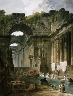 an old painting with people and animals in the water near some ancient ruins or buildings