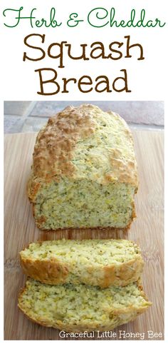 a loaf of herb and cheddar squash bread on top of a cutting board