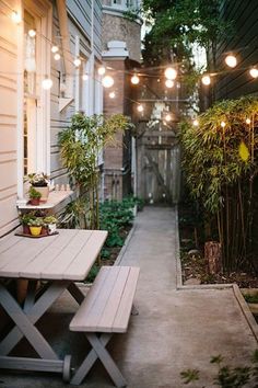 an outdoor patio with lights strung from the ceiling and table in the foreground, surrounded by potted plants