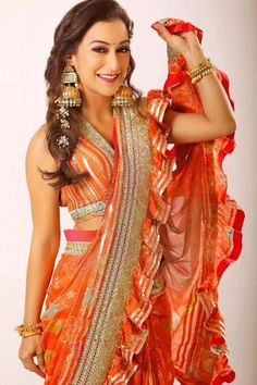 Shop for Gopi Vaid Orange Chiffon Printed Ruffle Saree Set for Women Online at Aza Fashions Anjali Mehta, Saree Chiffon, Gopi Vaid, Orange Saree, Orange Chiffon, Ruffle Saree, Traditional Indian Dress, Blouse Cotton, Indian Photoshoot