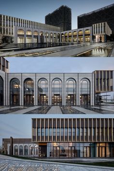 three different views of a building at night and day