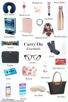 the contents of a carry on essentials bag with text that says carry on essentials