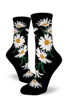 Daisy socks for women are covered in bright white and yellow daisies so your feet look like a lovely patch of wildflowers! #daisysocks #flowersocks #womenssocks Bee Sock, Anime Socks, Summer Socks, Socks Design, Flower Socks, Sock Lovers, Floral Socks, Funky Socks, Bee On Flower