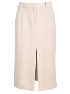 Beige midi skirt from Theory in Japanese crepe, details inspired by trousers, including hook and zip fly, belt loops, welt and slip pockets, straight and precise silhouette. Midi Length Skirt With Belt Loops, Workwear Skirt With Belt Loops And Relaxed Fit, Workwear Skirt With Belt Loops, Spring Skirt With Concealed Front Fastening, Tailored Midi Skirt For Workwear, Elegant Workwear Skirt With Straight Hem, Elegant Workwear Skirt With Concealed Front Fastening, Elegant Spring Skirt With Belt Loops, Knee-length Workwear Skirt With Belt Loops