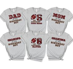 Birthday Football Family T-shirt, Custom Football, Football Theme Birthday  Shirt ,Birthday Shirt,Football birthday party, Birthday crew, My first birthday shirt * Please review all size charts displayed in the product images. The sizing chart includes the measurements of one side of the shirt, not the circumference. * Sizing might differ 1" (+-) from brand to brand. We recommend you to size up of you're between two sizes. * We're working with different shirt brands based on the color/size avail Sporty T-shirt With Team Name For Birthday, Team Spirit Birthday T-shirt With Name Print, Customizable Team Spirit Tops For Birthday, Customizable Team Spirit T-shirt For Birthdays, Customizable Team Spirit T-shirt For Birthday, Customizable School Spirit T-shirt For Birthday, Casual Birthday T-shirt With Team Name, Casual T-shirt With Team Name For Birthday, School Spirit Short Sleeve Birthday T-shirt