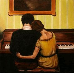 a painting of two people sitting at a piano