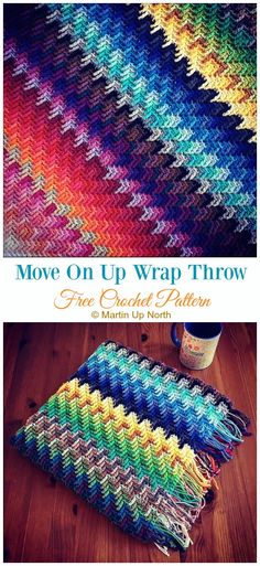 a crocheted blanket with the words move on up wrap throw