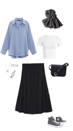 blue shirt, white tshirt,black long skirt, gray hijab, gray converse, hijabi outfit Black Skirt Outfit Hijab, Beach Outfit Modest, Skirt Outfit Hijab, Black Long Skirt Outfit, Skirt Outfits Hijab, Hijabi Summer, Hijab Outfit Summer