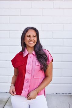 Loving this fun waffle knit two tone pink color block top, featuring front button closure, collard neck line, front pockets and side slits on the hemline! 100% Cotton Model is 5'4" with a 34" bust and wearing a size small. Waffle Knit Top, Color Block Top, Waffle Knit, Pink Color, Knit Top