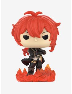 a pop vinyl figure with red hair and horns on it's head, standing in front of a white background