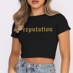 This Reputation crop shirt is black with the design in the color of your choice! Handmade by a fellow fan.

See size chart in the item details below.

Shop our entire Eras Collection here. Punk Style Letter Print Crew Neck Crop Top, Fitted Punk Crop Top With Letter Print, Punk Style Cotton Crop Top With Letter Print, Punk Short Sleeve Crop Top With Letter Print, Punk Style Fitted Short Sleeve Crop Top, Punk Style Fitted Crop Top With Short Sleeves, Fitted Short Sleeve Punk Crop Top, Black Y2k Cropped Shirt For Summer, Black Cropped Y2k Shirt For Summer