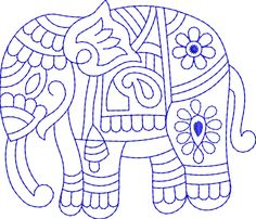 an elephant with flowers on it's trunk is outlined in blue ink, and the outline