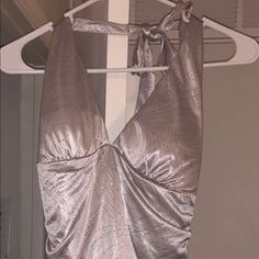 Halter Top, Grey With Silver Details, Never Worn, Very Pretty Cocktail Dress! Ruffles At The Bottom, Knee Length, New With Tags. Will Fit A Size Small As Well Silver Halter Neck Mini Dress For Evening, Silver Fitted Halter Neck Mini Dress, Elegant Silver Halter Neck Mini Dress, Pretty Cocktail, Pretty Cocktails, Dress Ruffles, Ruby Rox, Dresses Cocktail, Dresses Backless