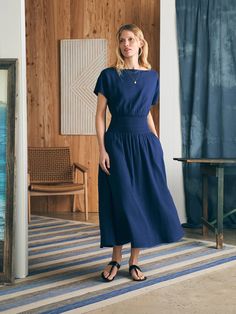 Coast To Coast Midi Dress - Navy | Faherty Brand Fitted Midi Dress With Elastic Waistband For Daywear, Modest Ruched Midi Dress For Summer, Fitted Solid Color Dress With Elastic Waistband, Modest Summer Midi Dress With Elastic Waistband, Relaxed Fit Midi Dress With Gathered Waist, Relaxed Fit Ruched Dresses For Daywear, Modest Midi Dress With Elastic Waistband For Summer, Modest Maxi Dress With Elastic Waistband For Summer, Chic Fitted Smocked Dress With Elastic Waistband