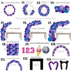 purple and blue balloons are arranged in the shape of an arch, with numbers for each balloon