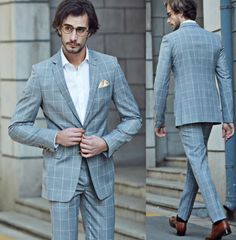 Blue Plaid Suit, Blue Check Suit, Gray Groomsmen Suits, Light Blue Plaid, Light Blue Suit, Suits Men Business, Neck Designs For Suits, Jogging Suit