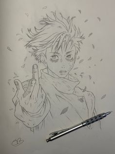 a drawing of an anime character holding his hand up