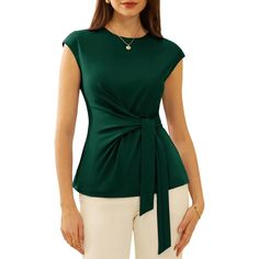 Women's Blouses Size Runs Slightly Small And Short Please Choose One Size Up If You Want A More Relaxed Feeling. S=Us 4-6, M=Us 8-10, L=Us 12-14, Xl=Us 16, Xxl=Us 18. Cap Sleeve Tops For Women Are A Must-Have In Every Woman’s Wardrobe! Features Cap Sleeves, Crew Neck, Tie Waist, Solid Color. The Elegant Tops For Women Are Both Stylish And Casual And Can Be Worn As Casual Tops And Womens Work Tops In Spring And Summer. The Prominent Design Point Of The Tie Front Tops For Women Is The Tie At Waist Fitted Feminine Green Tops, Feminine Green Tops For Workwear, Green Summer Tops For Office, Elegant Green Tops For Workwear, Elegant Green Top For Workwear, Elegant Green Top For Work, Green Sleeveless Blouse For Workwear, Elegant Green Sleeveless Blouse, Green Tops For Workwear