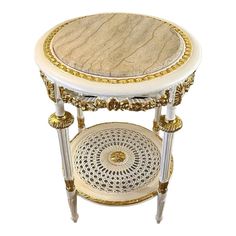 an ornate white and gold side table with circular wooden top, decorated with golden trimmings