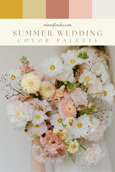 a woman holding a bouquet of flowers in front of a white background with the words summer wedding color palette