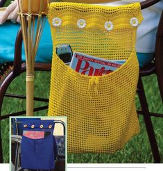 a yellow bag sitting on top of a chair next to a magazine holder and an umbrella