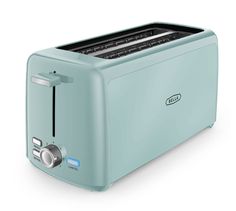 a blue toaster sitting on top of a white table