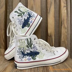 Custom Embroidered Converse High Tops/ Custom Converse Chuck - Etsy Converse High Tops Platform Embroidery, Cowboy Run Star Converse Western Embroidery, Custom Converse High Tops Butterfly, Floral High Top Converse, Palm Tree Converse, Ocean Converse, Bday Shoes, Converse Azul, Custom Painted Converse