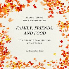 a white card with autumn leaves and the words family, friends, and food