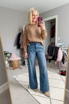 Petite-friendly wide-leg jeans!  Wide leg jeans and sweater outfit Sweaters With Wide Leg Jeans, Wide Leg Jeans With Sweater Outfit, Wide Leg Jeans With Sweater, How To Style Wide Leg Jeans Outfit Ideas, Wide Leg Jeans And Sweater, Wide Leg Jeans Outfit With Sneakers, Wide Leg Jean Outfits Fall, Light Wash Wide Leg Jeans Outfit, Dark Wide Leg Jeans Outfit