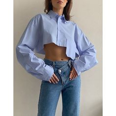 Blue Splicing Pocket Button Crop Shirt Woman Streetwear, Blue Shirt Women, Cropped Shirts, Short Blouses, White Shirts Women, Short Models, Fits Clothes, Irregular Hem, Cropped Tops