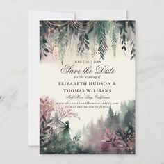 wedding save the date card with watercolor trees and lights on it's front