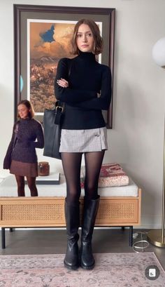 Black turtlenck, grey plaid miniskirt, black tights, black leather knee high boots, oversuzed black leather tote bag Leather Outfit Inspiration, Tights And Black Skirt Outfit, Cute Skirt And Tights Outfits, Knee High Boots And Tights Outfit, Knee High Boots Tights Outfit, Miniskirt Knee High Boots, Leather Boots Fall Outfit, Women’s Preppy Outfit, Boots And Skirt Winter Outfit