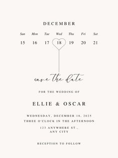 an elegant wedding save the date card with a heart on it, in black and white