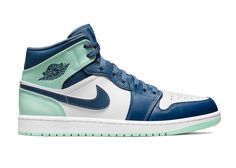 Jordan 1 Mid Blue Mint, Mid Air Jordan 1, Air Jordan 1 Mid Blue, Air Jordan 1 Mid Women, Jordan 1 Mid Blue, Mint Green Heels, High Air Force 1, Nike Jordan 1 Mid, Air Jordans Women