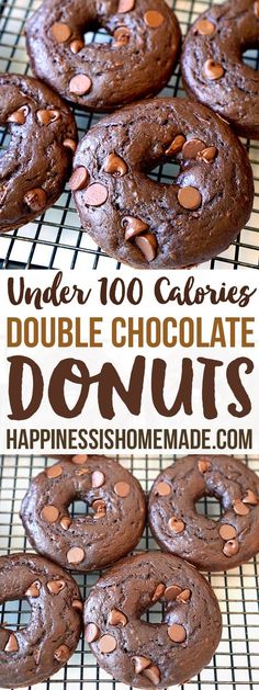 chocolate double chocolate donuts on a cooling rack with the words under 100 calories