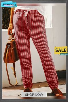 Blouse and Loose Pants for Women Casual Red Beach Pants, Casual Red Pants For Summer, Red Non-stretch Bottoms For Day Out, Non-stretch Red Bottoms For Day Out, Loose Pants For Women, Cheap Pants, Casual Stripes, Pantalon Large, Loose Pants