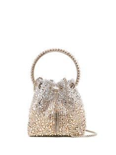 Bon Bon crystal-embellished bucket bag from JIMMY CHOO featuring gold-tone, silver-tone, crystal, metal, satin weave, crystal embellishment, engraved logo, single circular top handle, chain-link shoulder strap, open top, drawstring fastening and main compartment. Silver Bucket Bag With Dust Bag For Formal Occasions, Elegant Evening Bucket Bag With Top Handle, Silver Formal Bucket Evening Bag, Luxury Rhinestone Gala Bags, Silver Bucket Bag For Formal Occasions, Luxury Silver Bucket Bag For Evening, Luxury Bags With Chain Strap For Gala, Elegant Bucket Bag For Events, Luxury Bucket Evening Bag For Events