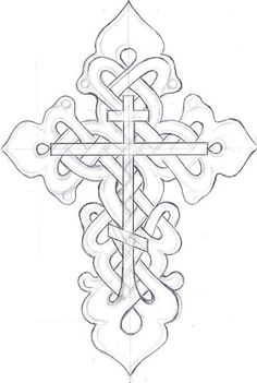 a cross with an intricate design on the front and back side, drawn in pencil