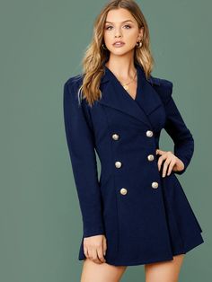 Notch Collar Double Breasted Blazer Dress | EMERY ROSE Double Blazer, Double Breasted Blazer Dress, Blue Blazer Dress, Black Blazer Dress, Dress Usa, Royal Blue Blazers, Outfit Elegantes, Dress Blazer, Striped Tunic Dress