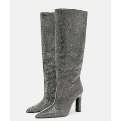 Heeled Knee High Boots. Rhinestone Details At Upper. Thin Heel. Pointed Toe. Heel Height: 3.9 Inches (10 Cm) Silver | 1029/210 Upper 100% Polyester Lining 100% Polyester Sole 100% Polyurethane Thermoplastic Insole 100% Polyurethane Additional Photos Will Be Added. Heeled Knee High Boots, Sparkly Boots, Zara Heels, Zara Shoes, Shoes Heels Boots, Knee High Boots, High Boots, Shoes Women Heels, Knee High