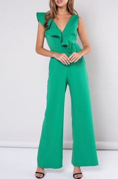 Sleeveless V Neck Ruffle Wide Leg Jumpsuit Spring Jumpsuits And Rompers With Ruffled Straps, Green Strapless Sleeveless Jumpsuit For Spring, Chic Spring Jumpsuits And Rompers With Ruffled Straps, Chic Jumpsuits And Rompers With Ruffled Straps For Spring, Chic Green Strapless Jumpsuit, Elegant Strapless Sleeveless Jumpsuit With Ruffles, Green Sleeveless Ruffled Jumpsuits And Rompers, Green Fitted Jumpsuit With Ruffles, Fitted Green Jumpsuits And Rompers With Ruffles