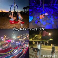 there are three pictures that show children playing in the park at night, and one has an upside down slide